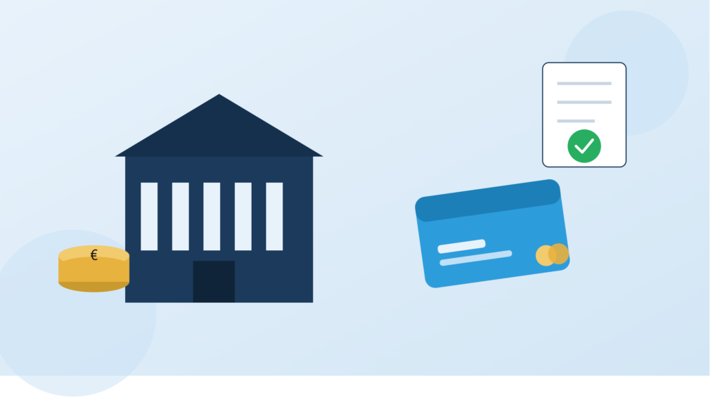 Ilustración de banco, tarjeta bancaria y monedas representando una cuenta corriente