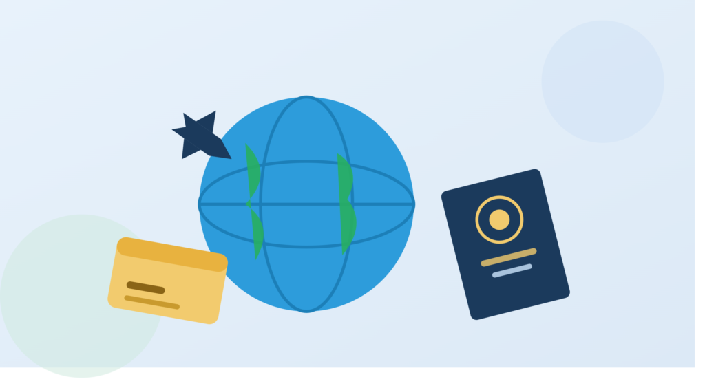 globo terráqueo con pasaporte y tarjeta bancaria representando cuentas para extranjeros